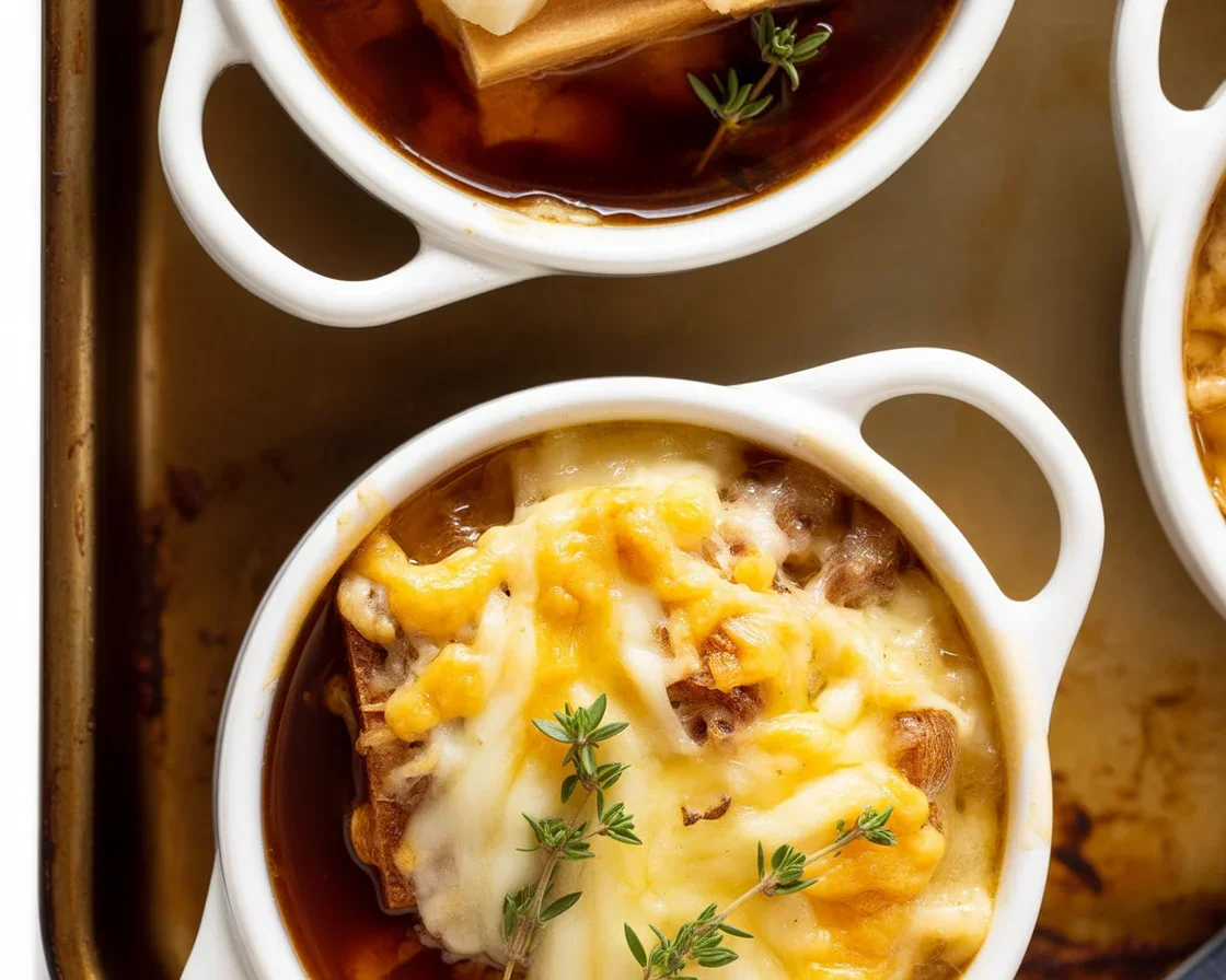 Delicious bowl of rich French Onion Soup topped with melted cheese and crusty bread.