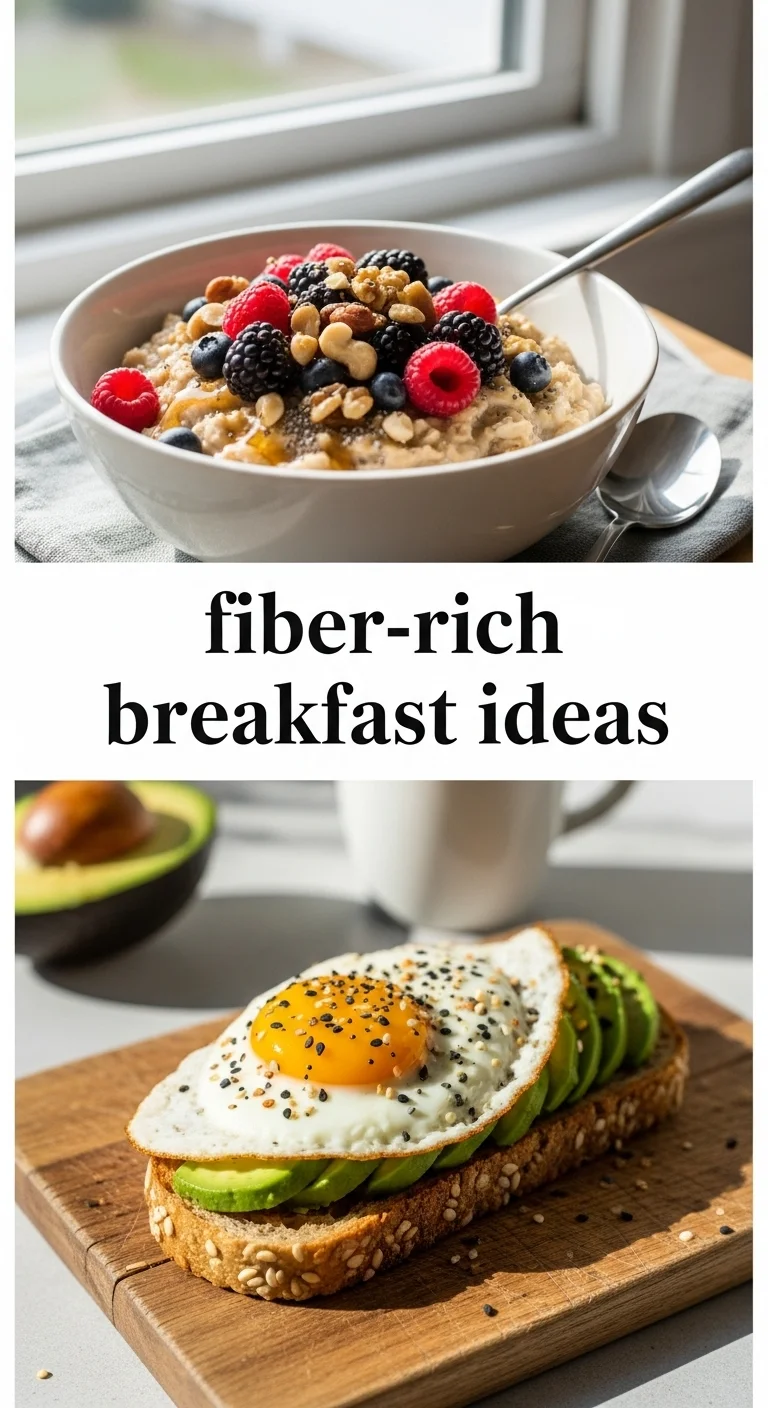 Vertical pin showing two delicious smartphone photos of a colorful berry and oat parfait and a hearty avocado toast with everything bagel seasoning, with the text 'fiber-rich breakfast ideas' prominently displayed in the center.