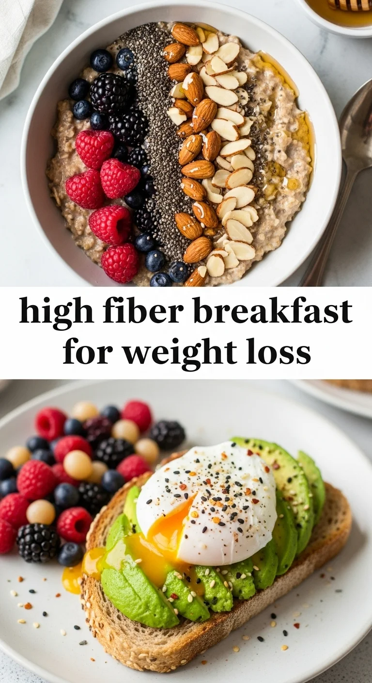 Vertical pin showing two delicious smartphone photos with a text overlay of 'high fiber breakfast for weight loss' in the center. The top image features a vibrant bowl of overnight oats with fresh berries and chia seeds, while the bottom image displays a hearty plate of avocado toast with a perfectly poached egg and a sprinkle of chili flakes.