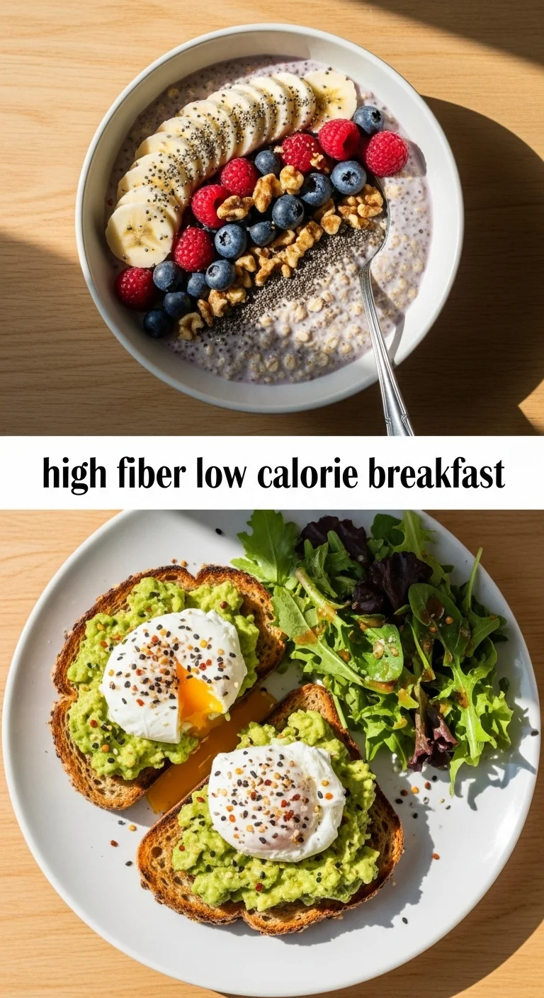 Vertical pin showing two delicious smartphone photos of a vibrant berry oatmeal bowl and a fluffy spinach-egg white scramble, with the text 'high fiber low calorie breakfast' clearly displayed in the center.