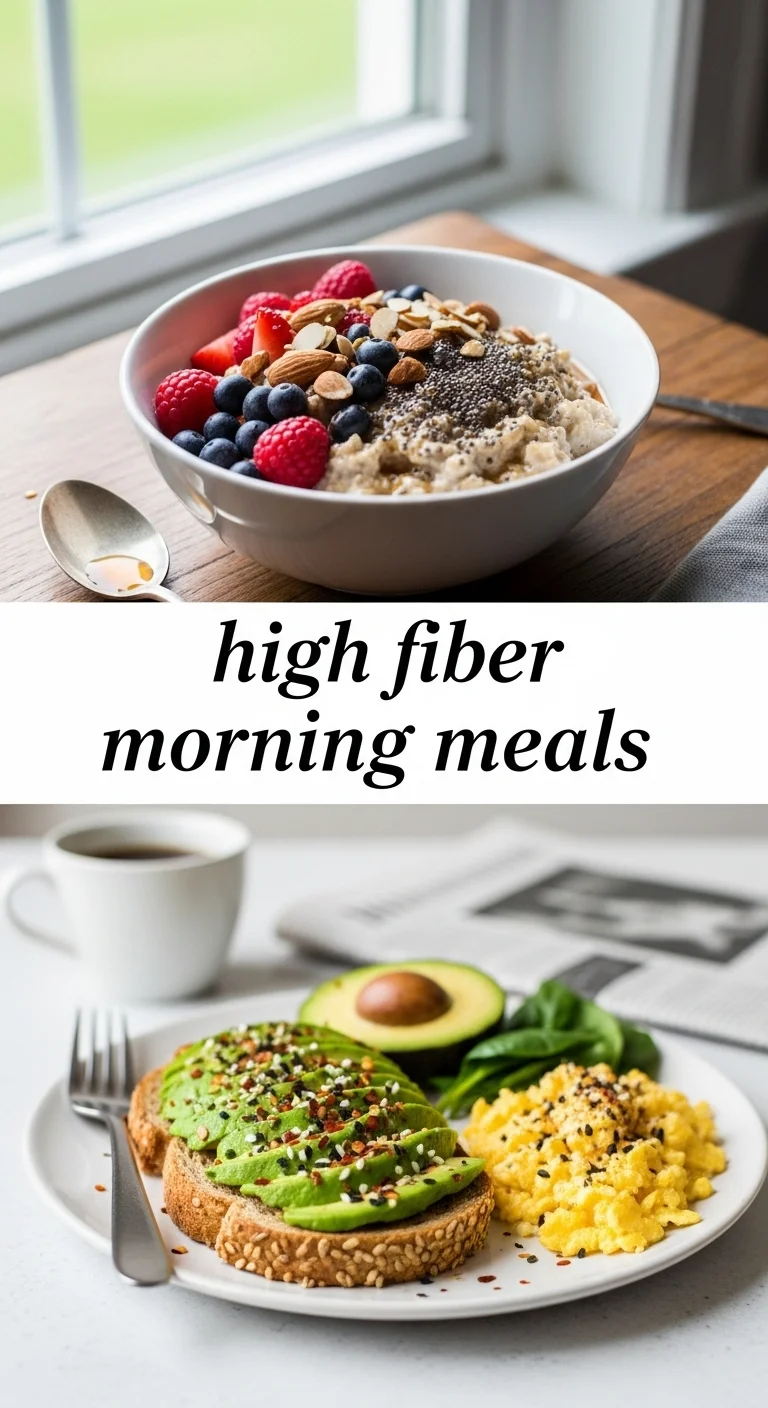 Vertical pin showing two delicious smartphone photos with the text 'high fiber morning meals' in the center. The top image features a vibrant bowl of oatmeal with fresh berries and nuts, while the bottom displays fluffy whole-wheat pancakes stacked with sliced bananas and a drizzle of maple syrup.