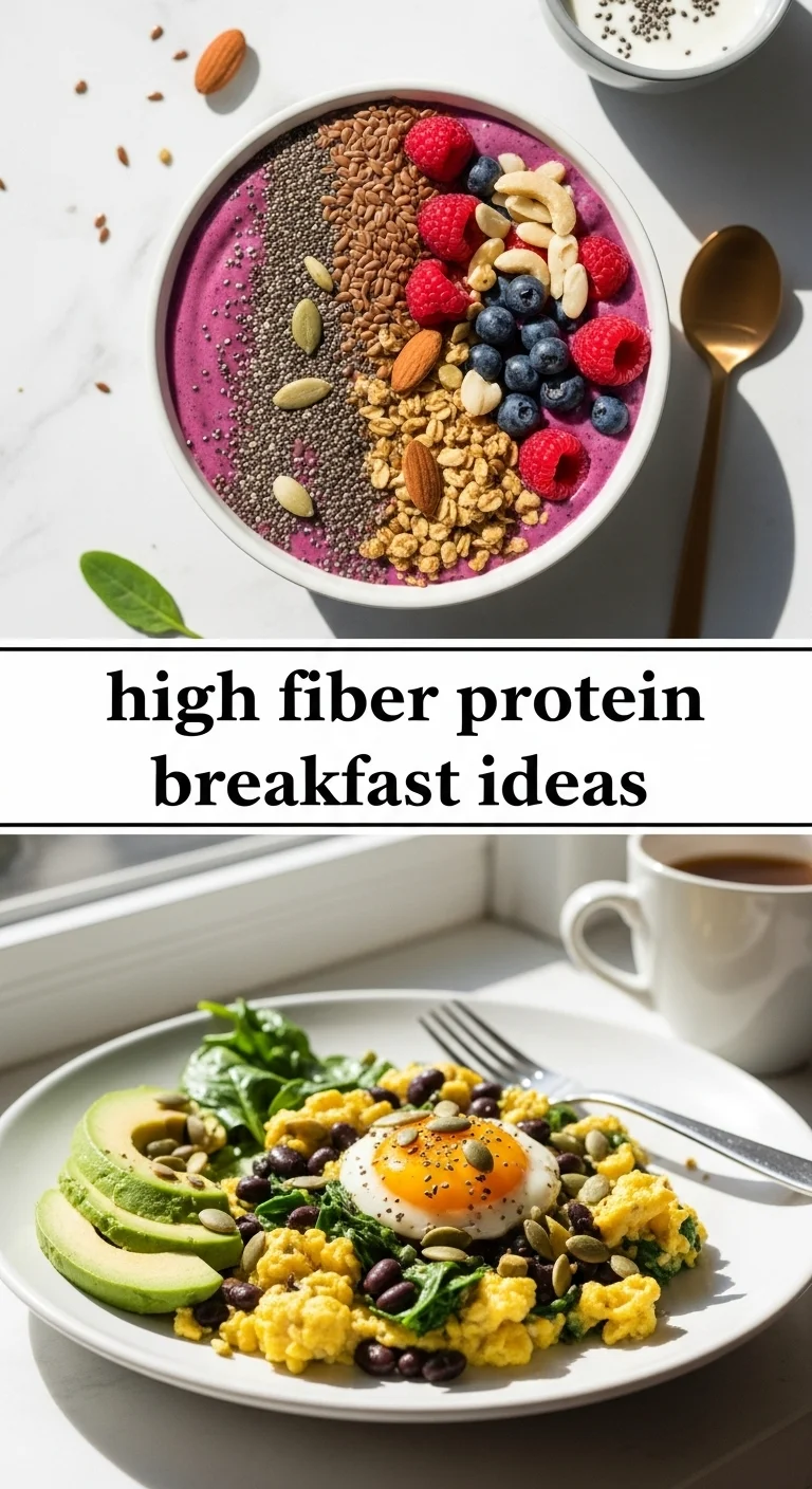Vertical pin showing a vibrant smoothie bowl topped with berries, granola, and chia seeds on the upper half, and fluffy scrambled eggs with avocado and a slice of whole-grain toast on the lower half. The text 'high fiber protein breakfast ideas' is prominently displayed in the center.