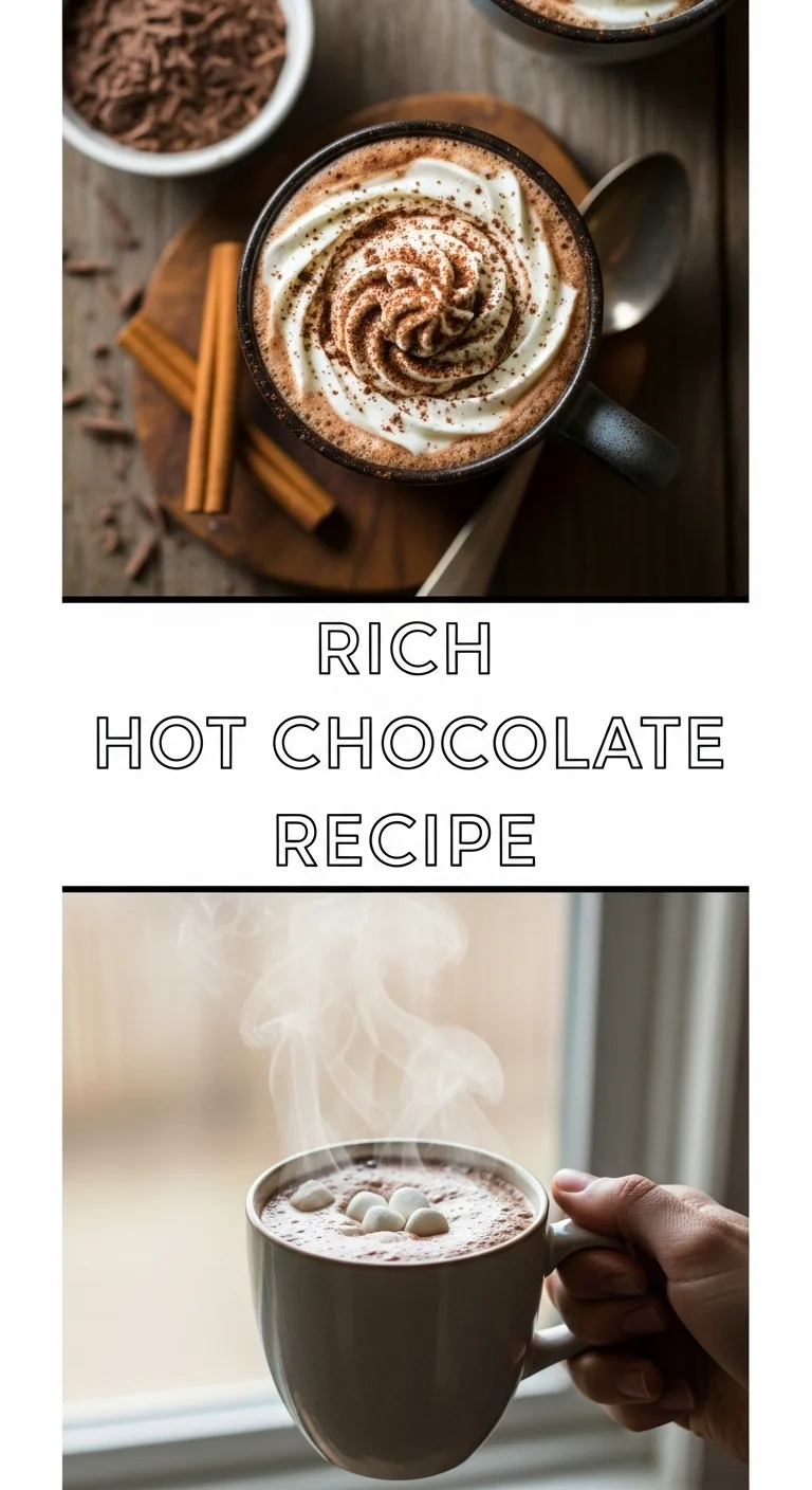 Vertical pin showing two delicious smartphone photos of steaming mugs of rich, dark hot chocolate topped with fluffy marshmallows and chocolate shavings, with the text 'Rich Hot Chocolate Recipe' in the center.