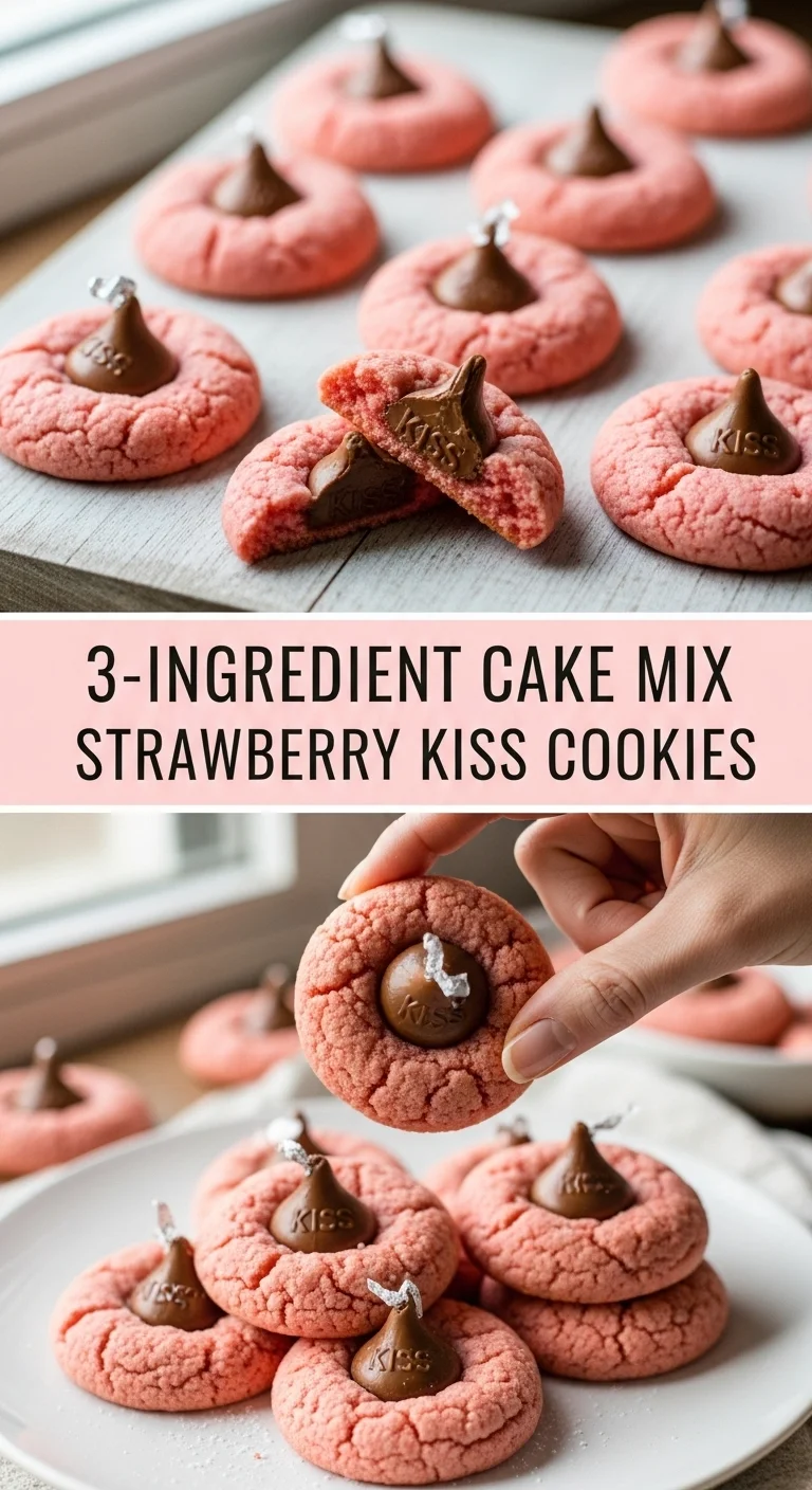 A vertical split layout pin image showcasing '3-Ingredient Cake Mix Strawberry Kiss Cookies' in the center. The top photo features perfectly baked, soft pink cookies with a melted chocolate Kiss on top. The bottom photo shows a close-up of the delicious cookies arranged on a festive Valentine's Day platter, ready to be enjoyed.