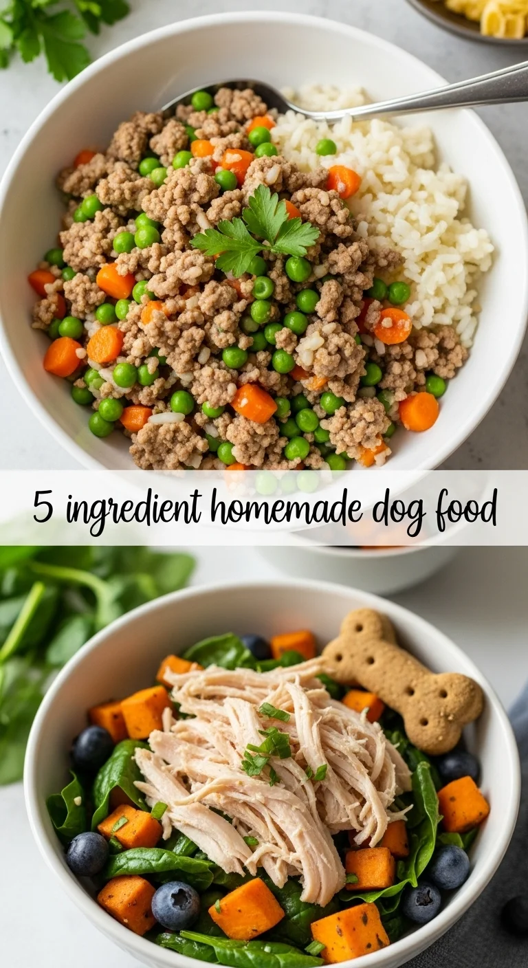 Vertical pin showing two delicious smartphone photos of wholesome homemade dog food bowls, brimming with fresh ingredients like lean ground meat, vibrant vegetables, and wholesome grains, with the text '5 ingredient homemade dog food' prominently displayed in the center.
