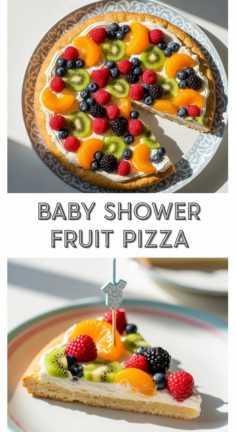 A vertical split layout containing two pictures with the main keyword 'Baby Shower Fruit Pizza' in the center. The images showcase a vibrant, fresh Fruit Pizza with colorful berries and creative Easter egg patterns.