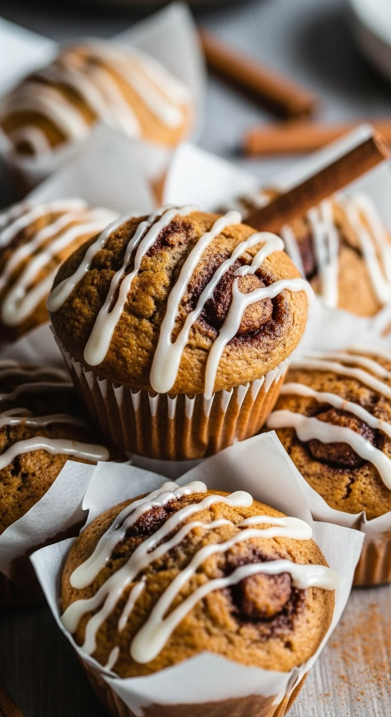A stunning photorealistic vertical photo of warm, golden-brown Cinnamon Roll Protein Muffins, beautifully swirled with cinnamon sugar and topped with a glistening vanilla protein glaze, ready to be enjoyed.