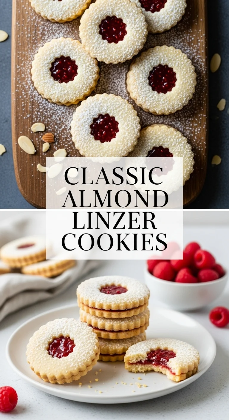 Vertical split layout displaying two mouthwatering Classic Almond Linzer Cookies, with the text 'Classic Almond Linzer Cookies' prominently centered. The top image captures a cookie with a delicate heart-shaped cutout revealing a bright red raspberry jam filling, dusted lightly with powdered sugar. The bottom image features another perfectly baked cookie, showcasing its golden-brown edges and a glimpse of the rich almond shortbread texture. Ideal for Valentine's Day treats.