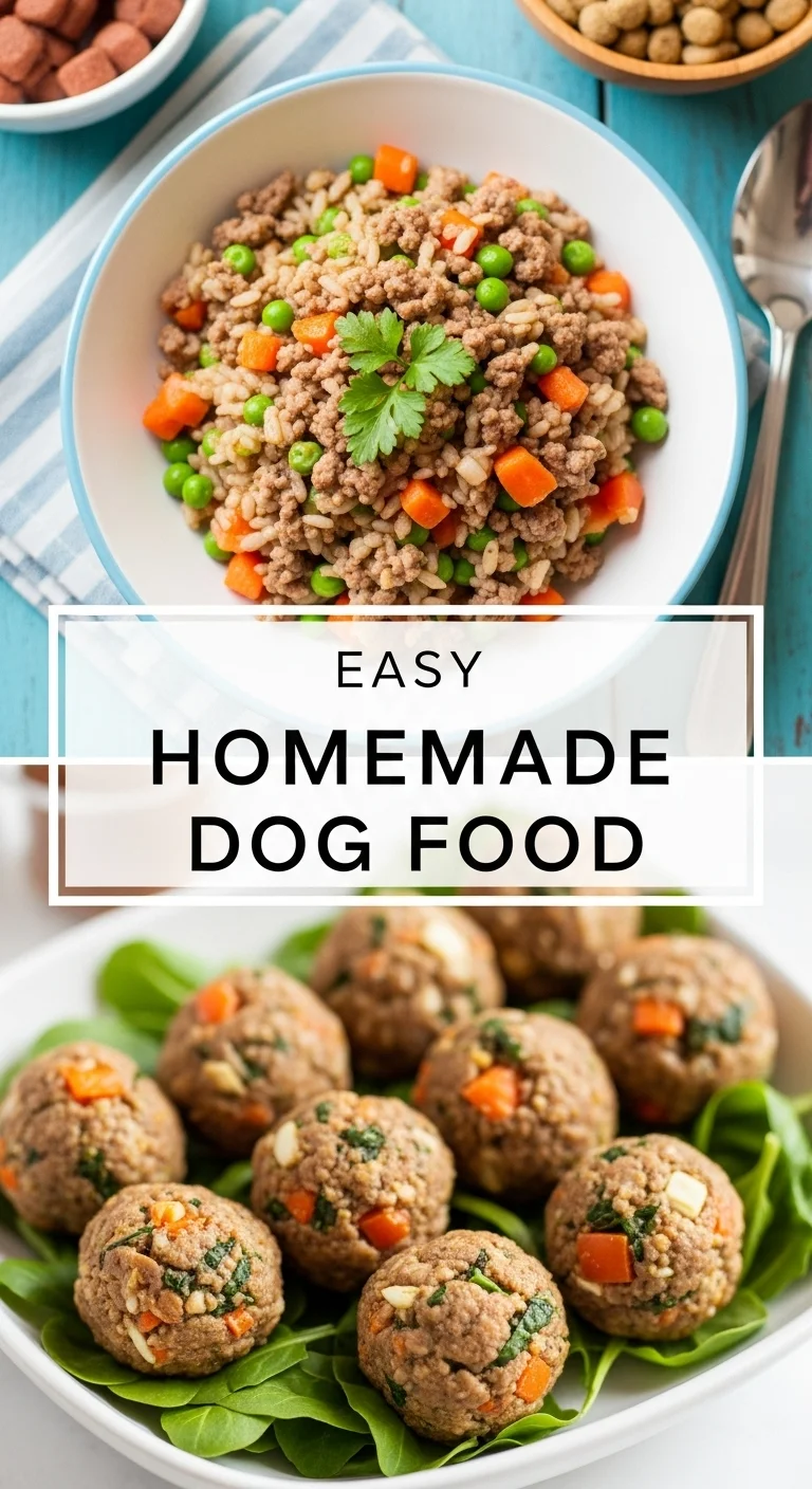Vertical split layout containing two delicious pictures of nutritious ground turkey and veggie dog food, and hearty chicken with brown rice. The text 'Easy Homemade Dog Food' is prominently displayed in the center.