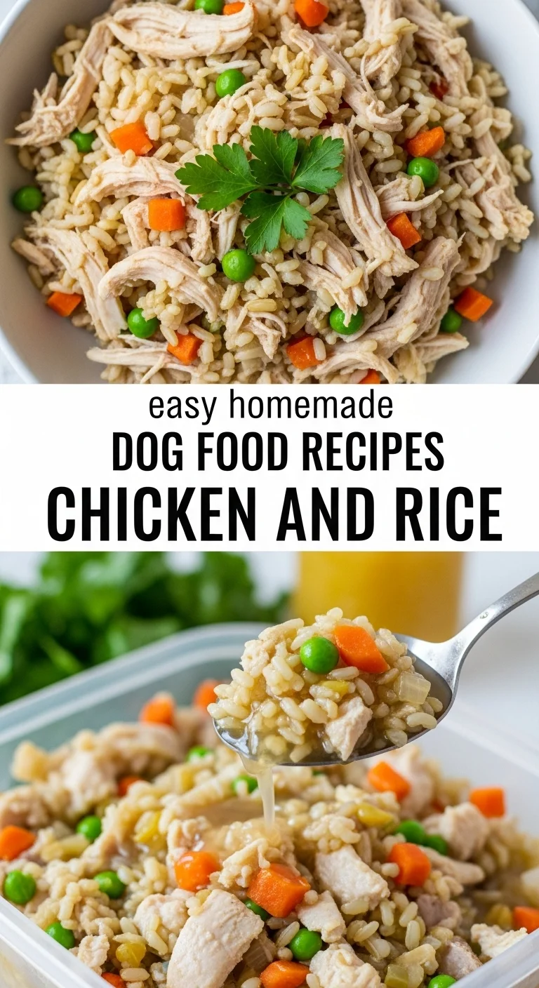 Vertical pin showing two delicious, wholesome bowls of chicken and rice dog food, with the text 'easy homemade dog food recipes chicken and rice' centered between them. One bowl features shredded chicken with cooked rice and peas, while the other shows a hearty mix of ground chicken, rice, and carrots.