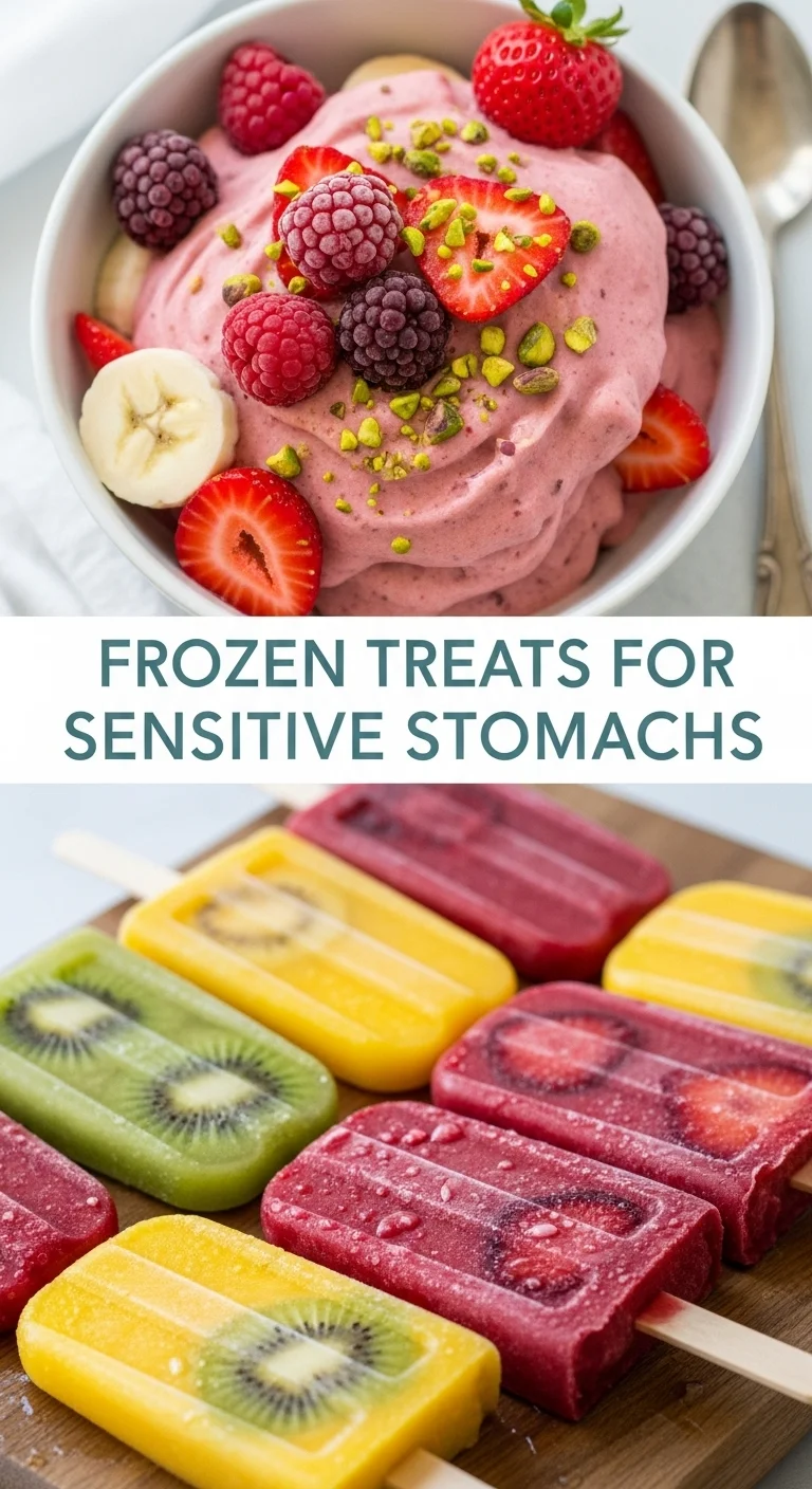A vertical split layout image. The top picture shows a bowl of creamy, light green Frozen Treats for Sensitive Stomachs for dogs, garnished with small berries. The bottom picture features a happy dog licking a frozen treat. The main keyword 'Frozen Treats for Sensitive Stomachs' is prominently displayed in the center of the image.