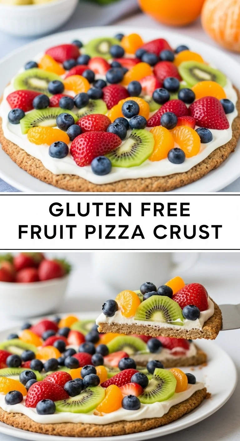 A vertical split layout containing two pictures of a vibrant Fruit Pizza on a golden Gluten Free Fruit Pizza Crust with the main keyword in the center.