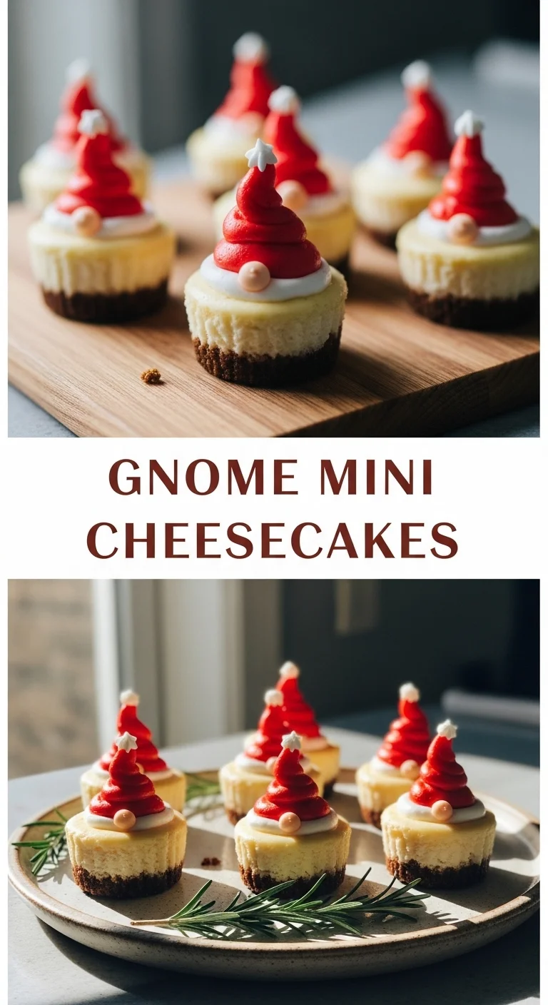 Vertical pin showing two delicious smartphone photos of creamy, festively decorated Gnome Mini Cheesecakes with colorful sprinkles and tiny candy hats, with the text 'Gnome Mini Cheesecakes' prominently displayed in the center.