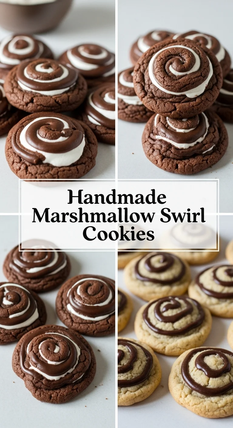 Vertical pin showing two delicious smartphone photos of perfectly baked, soft Handmade Chocolate Marshmallow Swirl Cookies, bursting with rich chocolate and gooey melted marshmallow swirls, with the text 'Handmade Chocolate Marshmallow Swirl Cookies' prominently displayed in the center.