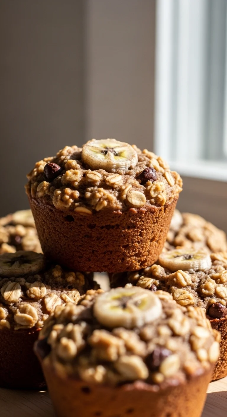 A photorealistic vertical photo showcasing several freshly baked, golden-brown Healthy Banana Oatmeal Muffins, rich with visible banana pieces and wholesome oats. They appear moist and perfectly risen, invitingly presented for a delicious and nutritious breakfast treat.