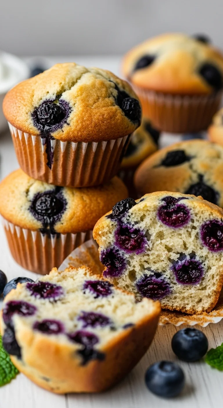 A photorealistic vertical photo of several freshly baked Healthy Greek Yogurt Blueberry Protein Muffins. The golden-brown muffins are generously studded with vibrant blueberries and have perfectly domed tops, suggesting a soft, moist texture. They are artfully arranged on a rustic cooling rack, ready for a healthy, delicious meal.