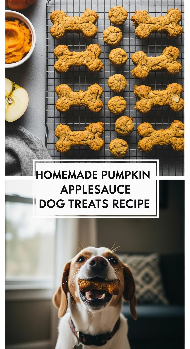 Vertical pin showing two delicious smartphone photos of golden-brown, bite-sized dog treats, one close-up and one arranged neatly, with the text 'Homemade Pumpkin Applesauce Dog Treats Recipe' in the center.