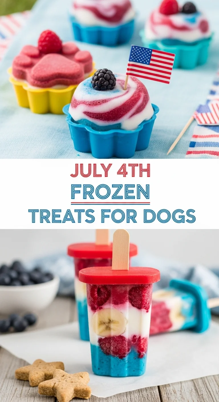 A vertical split layout image featuring two mouth-watering July 4th Frozen Treats for Dogs. The top picture shows red, white, and blue layered frozen yogurt pops, while the bottom displays icy fruit cubes. The text 'July 4th Frozen Treats for Dogs' is prominently displayed in the center, perfect for celebrating with your canine companions.