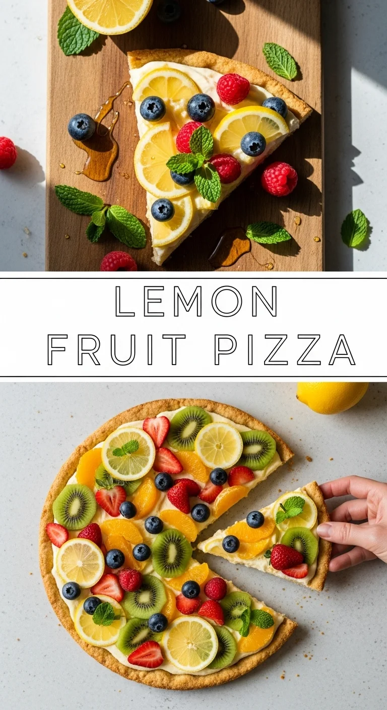 A vertical split layout containing two pictures with the main keyword 'Lemon Fruit Pizza' in the center. The top photo shows a zesty cream cheese frosting being spread on a soft cookie crust, while the bottom photo features a beautifully decorated Fruit Pizza topped with vibrant, fresh berries and citrus slices.