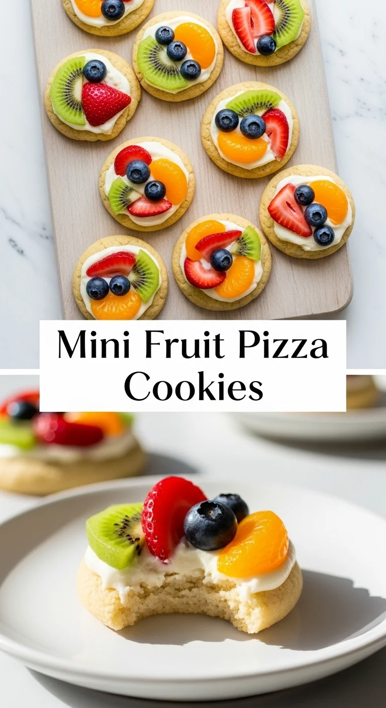 A vertical split layout containing two pictures with the main keyword 'Mini Fruit Pizza Cookies' in the center, showing appetizing sugar cookies topped with cream and colorful fresh fruit for a Fruit Pizza dessert.