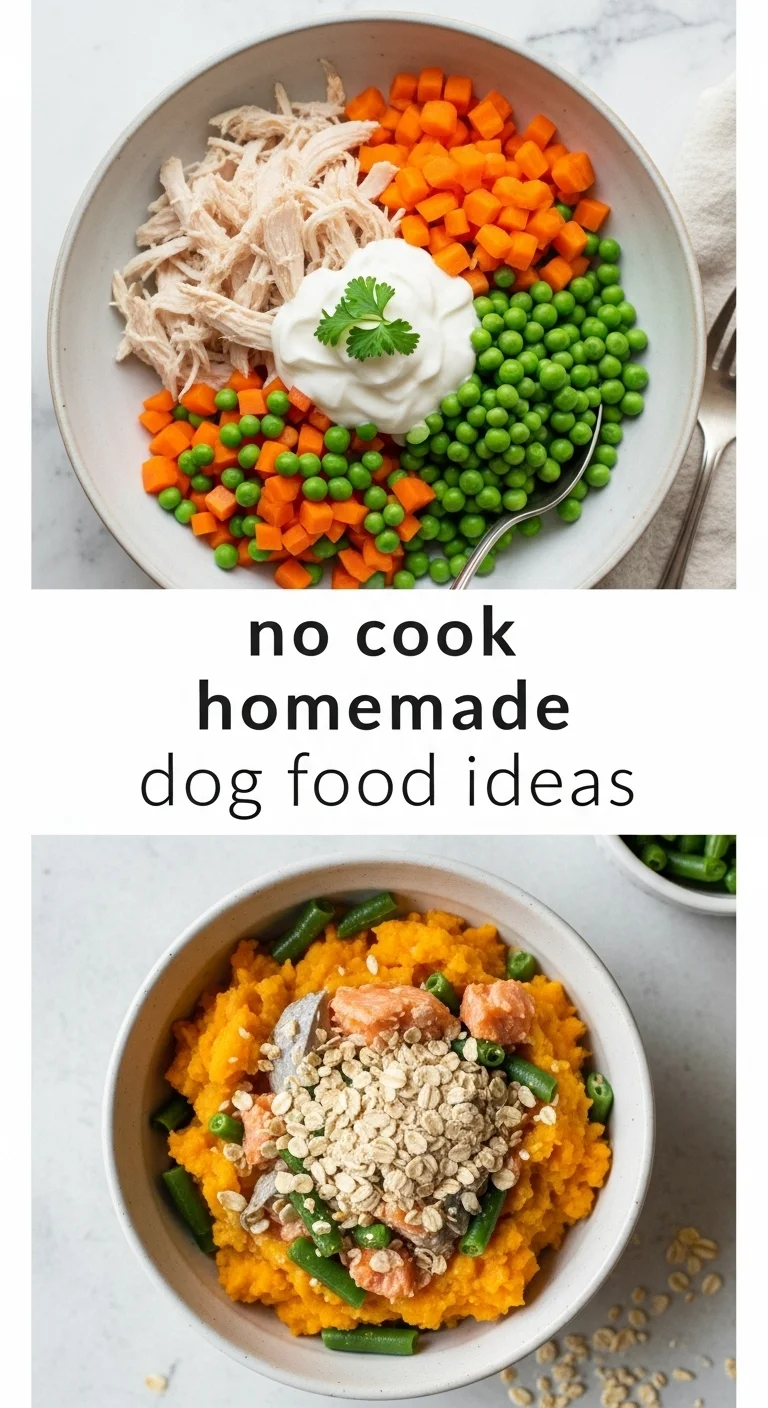 Vertical pin showing two delicious smartphone photos of a balanced dog meal with lean protein and colorful vegetables, with the text 'no cook homemade dog food ideas' prominently in the center.