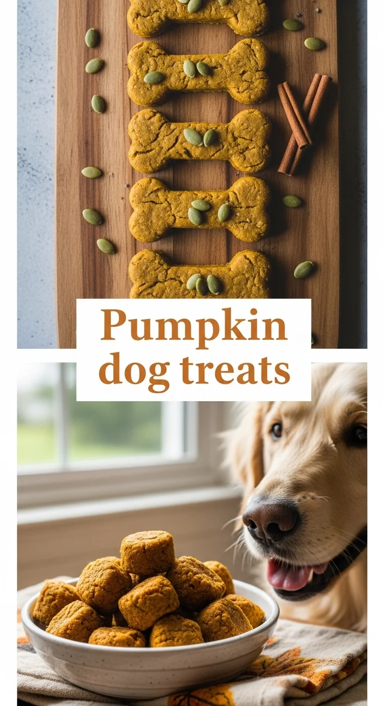 A vertical split layout pin image. The top section showcases a pile of golden-brown, homemade pumpkin dog treats on a rustic surface, appearing fresh and inviting. The bottom section features an adorable dog eagerly anticipating a treat. The main keyword 'Pumpkin Dog Treats' is displayed clearly in the center, connecting the two appealing visuals, inviting pet owners to find these irresistible recipes for their furry friends.
