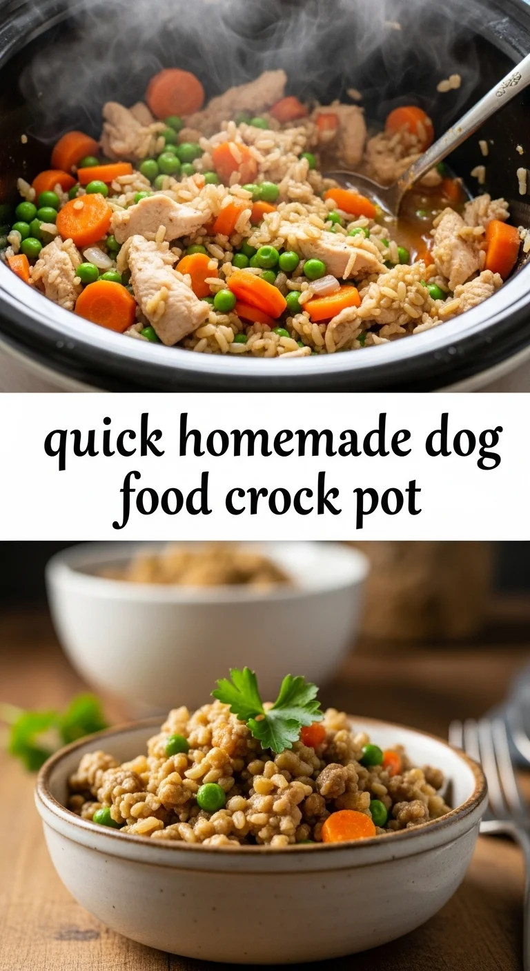 Vertical pin showing two delicious, wholesome photos of hearty dog food stew, one featuring chicken and vegetables and the other beef and rice, with the text 'quick homemade dog food crock pot' prominently displayed in the center.