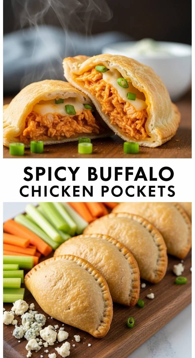 Vertical pin showing two delicious smartphone photos of golden-baked Spicy Buffalo Chicken Pockets, perfectly flaky and filled with cheesy, spicy chicken, with the main keyword 'Spicy Buffalo Chicken Pockets' in bold text in the center.
