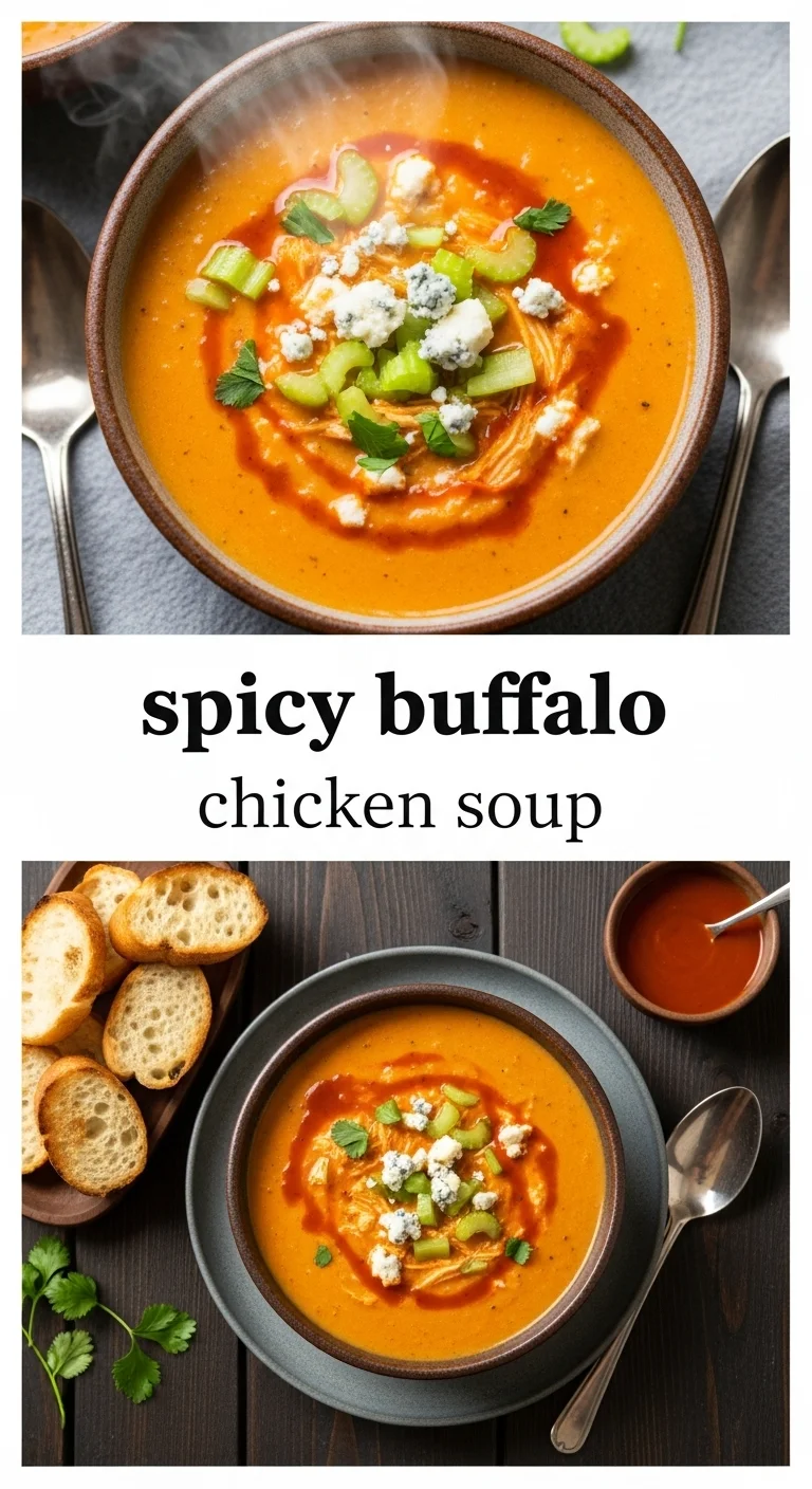 Vertical pin showing two delicious smartphone photos of a hearty, creamy spicy buffalo chicken soup, generously topped with crumbled blue cheese and fresh cilantro, with the main keyword 'spicy buffalo chicken soup' in the center.