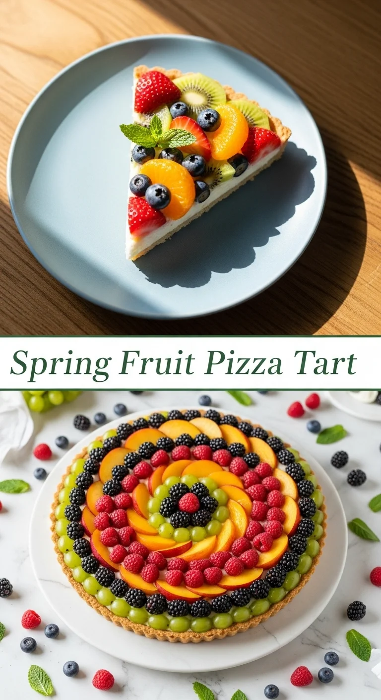 A vertical split layout containing two pictures with the main keyword 'Spring Fruit Pizza Tart' in the center. The top image showcases a vibrant Fruit Pizza decorated with rainbow berries and kiwi, while the bottom highlights a delicious, creamy slice of the tart.