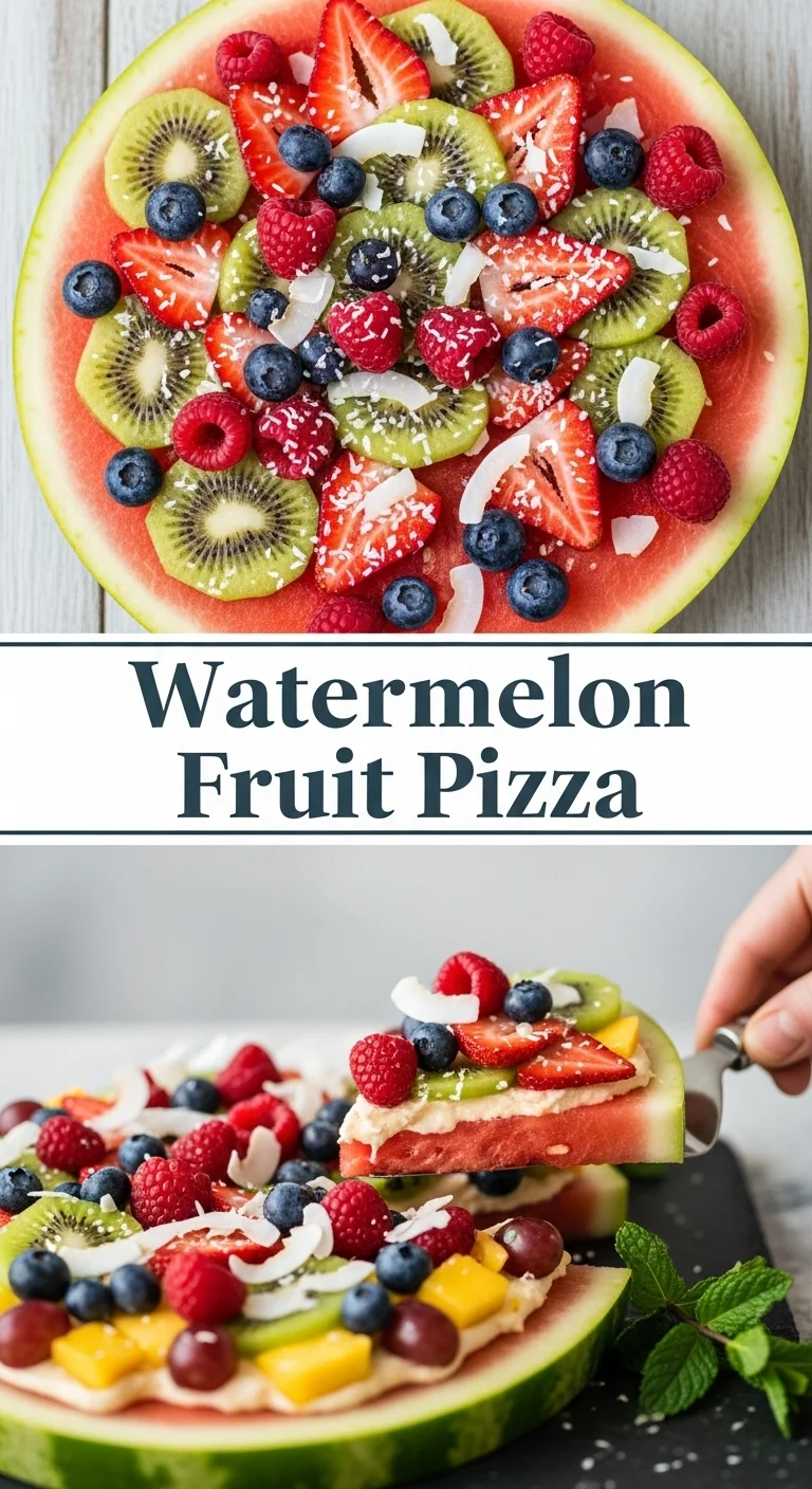 A vertical split layout containing two pictures with the main keyword 'Watermelon Fruit Pizza' in the center. The top photo shows juicy watermelon slices topped with cream, while the bottom highlights a beautifully decorated Fruit Pizza ready for serving.