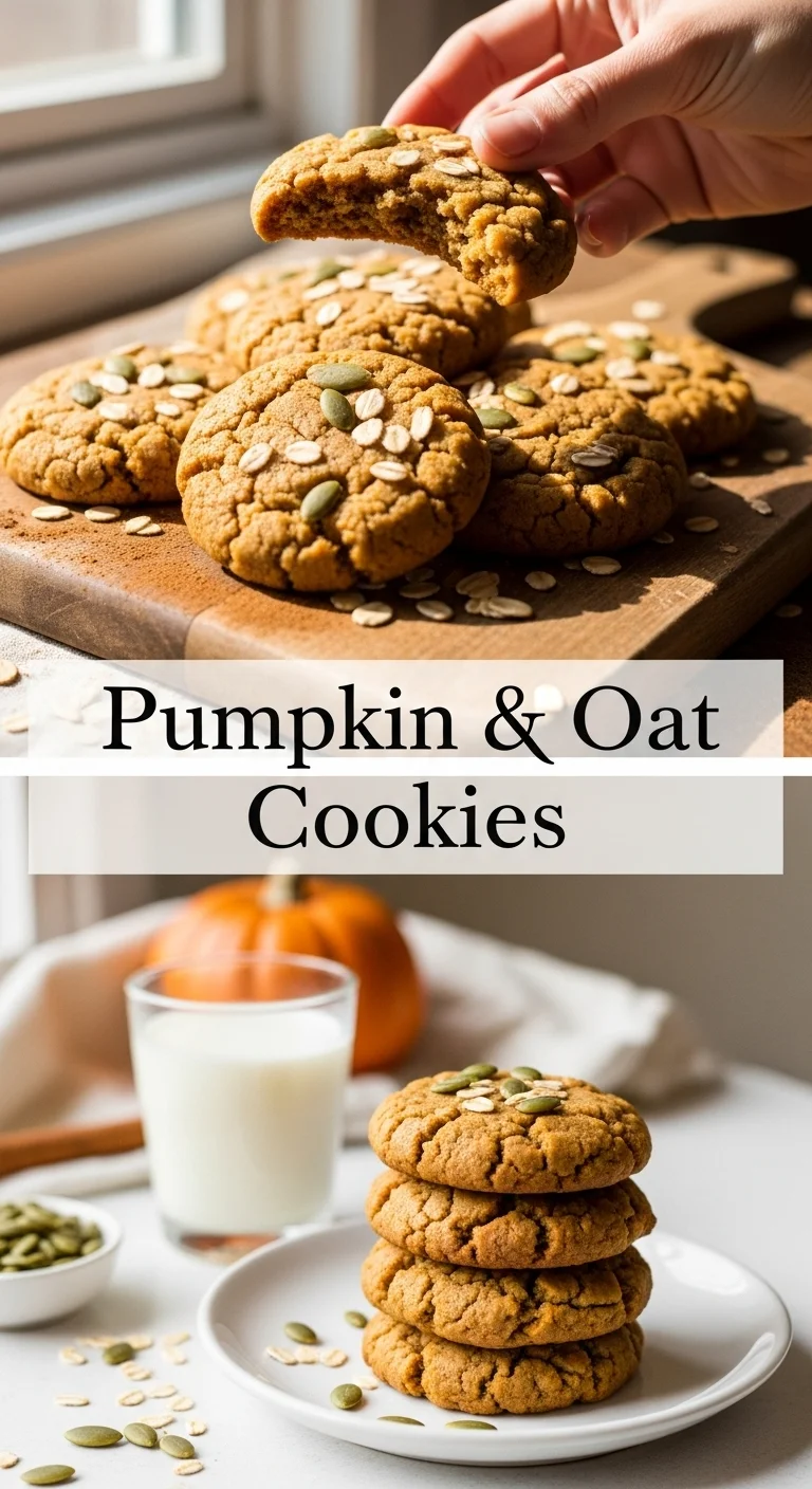 Vertical pin showing two delicious smartphone photos of freshly baked, golden-brown pumpkin & Oat Cookies, bursting with warm spices and chewy oats, with the text 'Pumpkin & Oat Cookies' in the center.