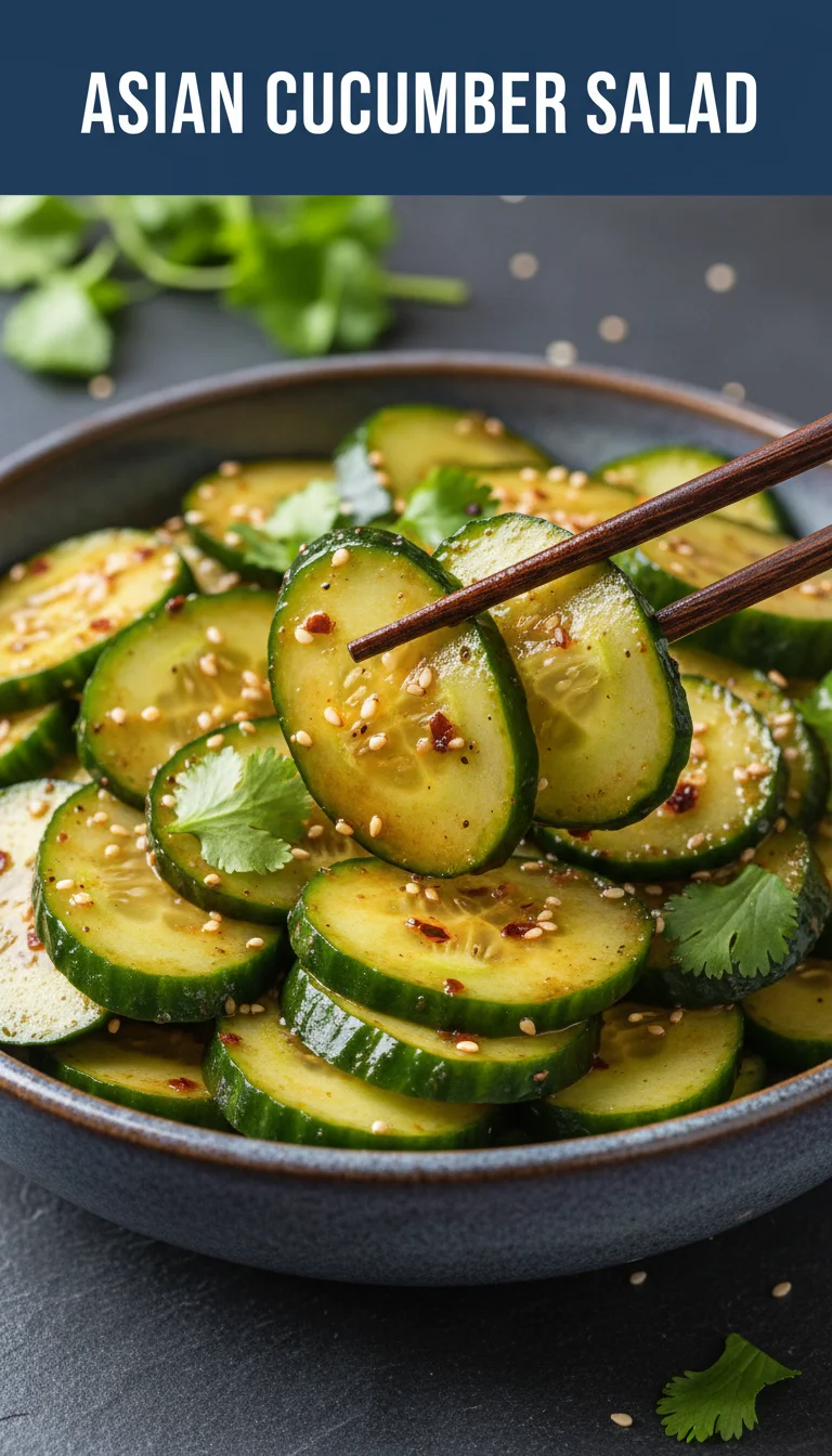 A vertical 9:16 Pinterest pin featuring the text ASIAN CUCUMBER SALAD in a bold font at the top and a high-quality professional hero shot of a plated Asian Cucumber Salad on the bottom.