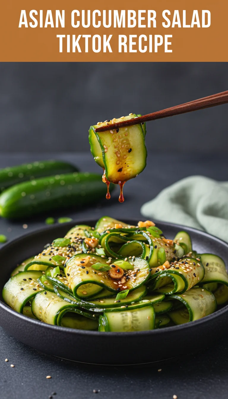 A vertical 9:16 layout. The top section contains the main keyword 'ASIAN CUCUMBER SALAD TIKTOK RECIPE' in a bold, professional font. The bottom section is a high-quality hero shot of the plated Asian Cucumber Salad TikTok Recipe, ideal for a healthy summer side dish.