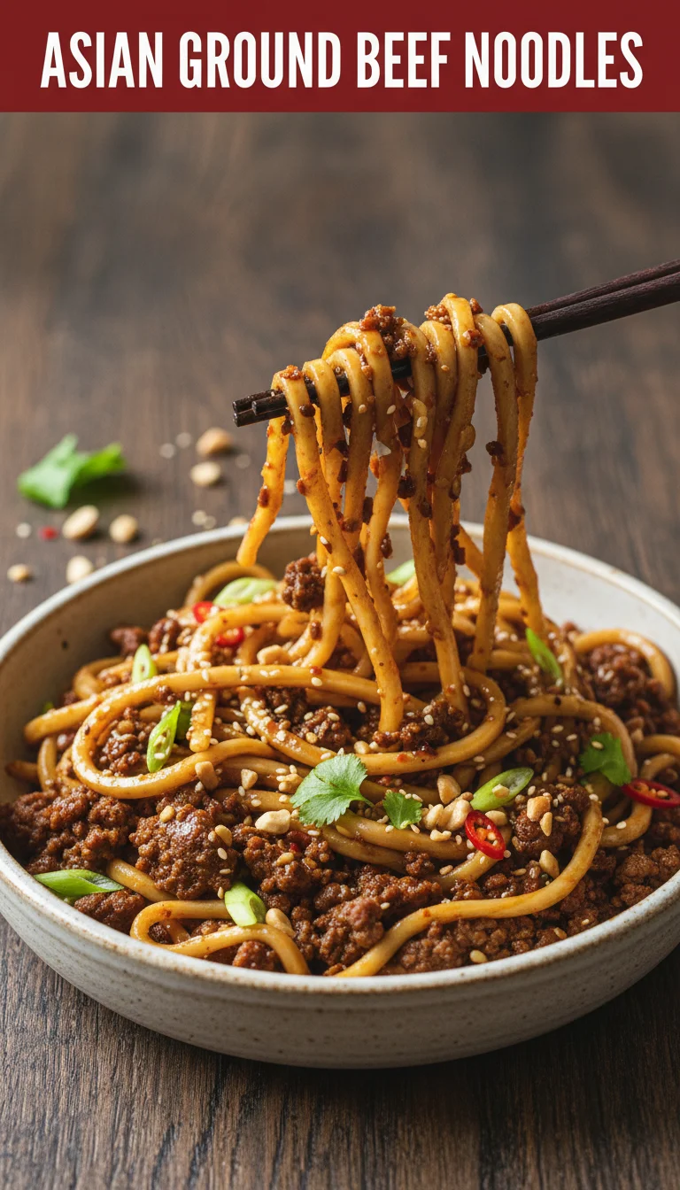 A vertical 9:16 layout featuring the title 'ASIAN GROUND BEEF NOODLES' in bold font at the top and a professional hero shot of plated Asian Ground Beef Noodles for a quick dinner below.