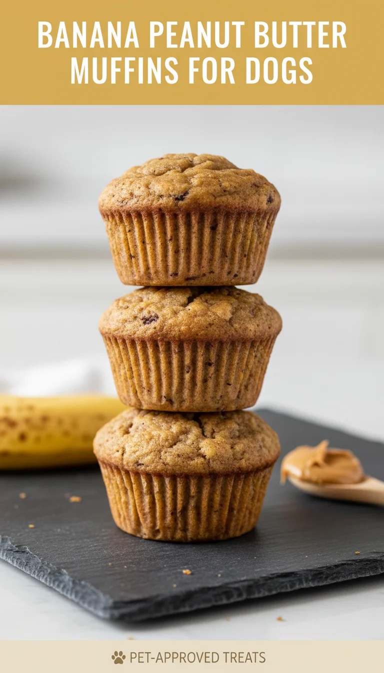 A vertical 9:16 layout featuring the main keyword 'BANANA PEANUT BUTTER MUFFINS FOR DOGS' at the top and a high-quality professional hero shot of plated Banana Peanut Butter Muffins for Dogs below.