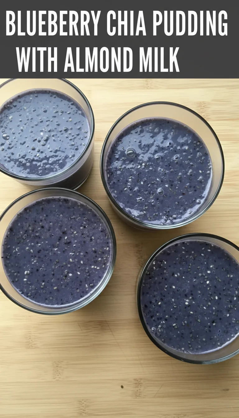 A vertical split layout containing two pictures with the main keyword 'Blueberry Chia Pudding with Almond Milk' in the center. The image shows fresh, vibrant berries atop creamy pudding, perfect for breakfast bowl recipes.