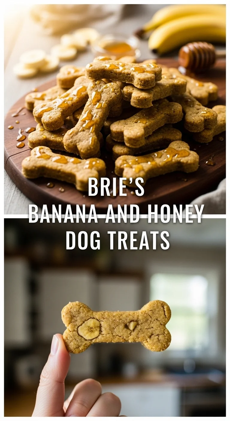 A vertical split layout with two pictures showing golden-brown Brie's Banana and Honey Dog Treats. The main keyword is in the center. A delicious homemade dog snack.