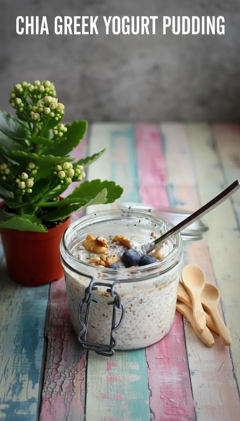 A vertical split layout featuring two delicious views of creamy Chia Greek Yogurt Pudding topped with vibrant fruit, with the text 'Chia Greek Yogurt Pudding' in the center for these breakfast bowl recipes.