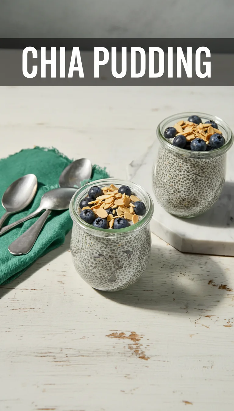A vertical split layout containing two pictures with the main keyword 'Chia Pudding' in the center. The top image features a creamy chia pudding bowl with fresh berries, and the bottom image shows a tropical breakfast bowl recipe with mango.