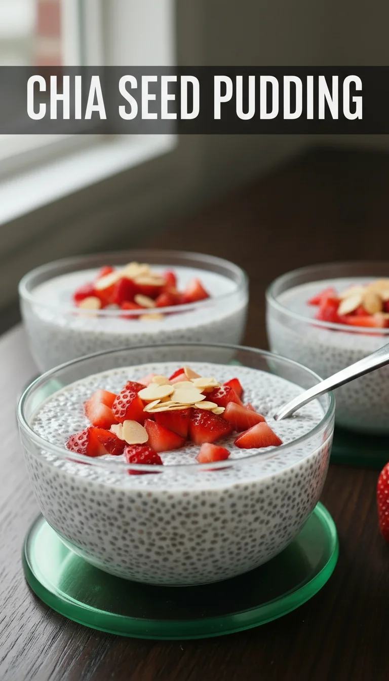 A vertical split layout containing two pictures of creamy Chia Seed Pudding topped with vibrant fruit and nuts, with the text 'Chia Seed Pudding' in the center. Ideal for breakfast bowl recipes.