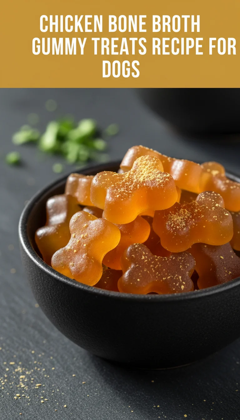 A vertical 9:16 layout pin. The top section features the main keyword 'CHICKEN BONE BROTH GUMMY TREATS RECIPE FOR DOGS' in bold font. The bottom section shows a professional hero shot of the plated treats.