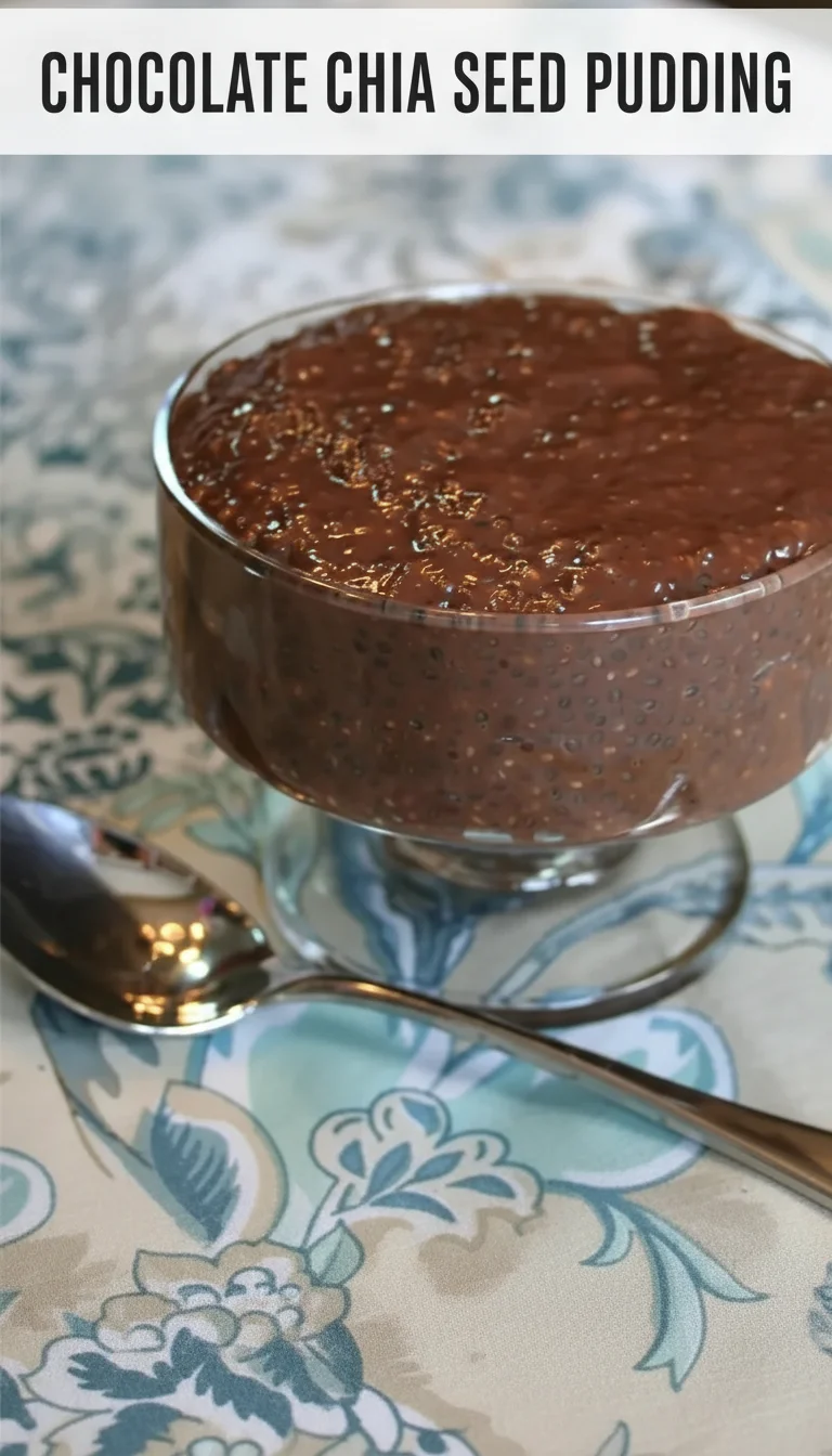 A vertical split layout featuring two images of rich, creamy Chocolate Chia Seed Pudding garnished with fresh fruit, with the main keyword 'Chocolate Chia Seed Pudding' displayed in the center. A delicious option for your breakfast bowl recipes.