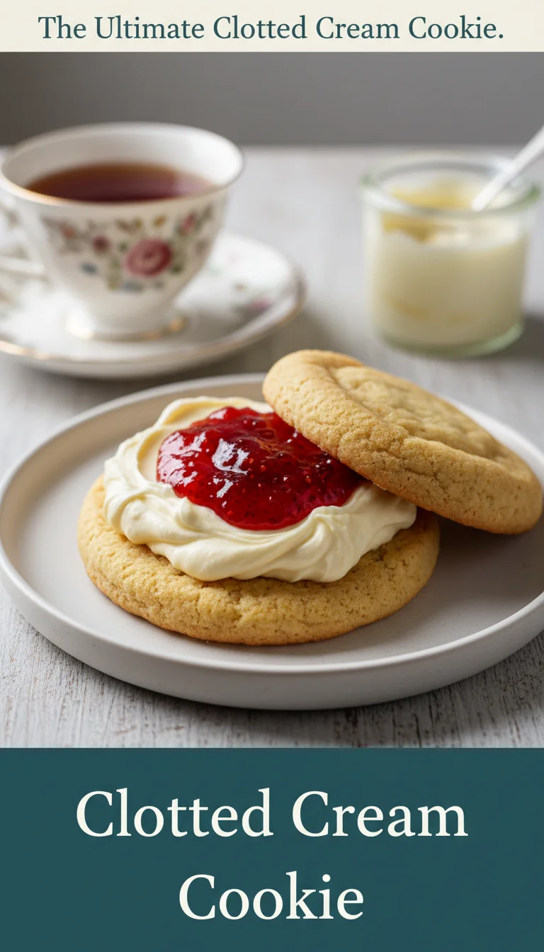 A vertical split layout containing two pictures with the main keyword 'Clotted Cream Cookie' in the center. The top image features warm, golden cookies resting on a wire rack, and the bottom shows a close-up of a soft Clotted Cream Cookie perfect for a cozy afternoon snack.