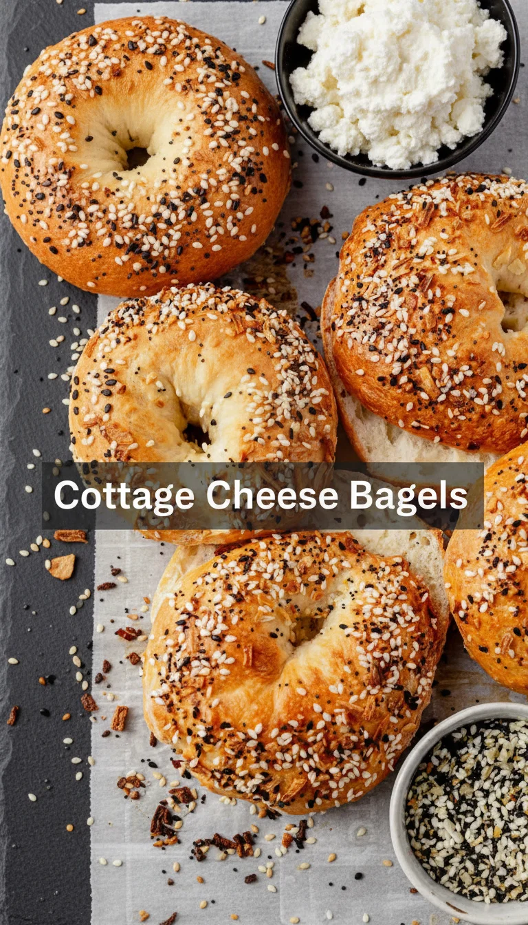 A vertical split layout containing two pictures with the main keyword 'Cottage Cheese Bagels' in the center. The top photo shows golden-brown, bubbling bagels fresh from the oven, while the bottom captures a soft, airy bagel slice perfect for a high-protein breakfast.