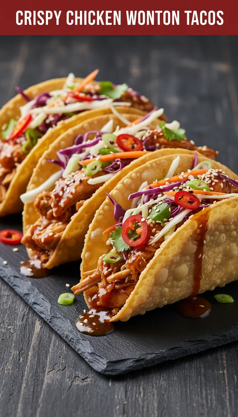 A vertical 9:16 layout with the text 'CRISPY CHICKEN WONTON TACOS' in a bold font at the top. The bottom section shows a high-quality hero shot of golden, Crispy Chicken Wonton Tacos plated for a party.