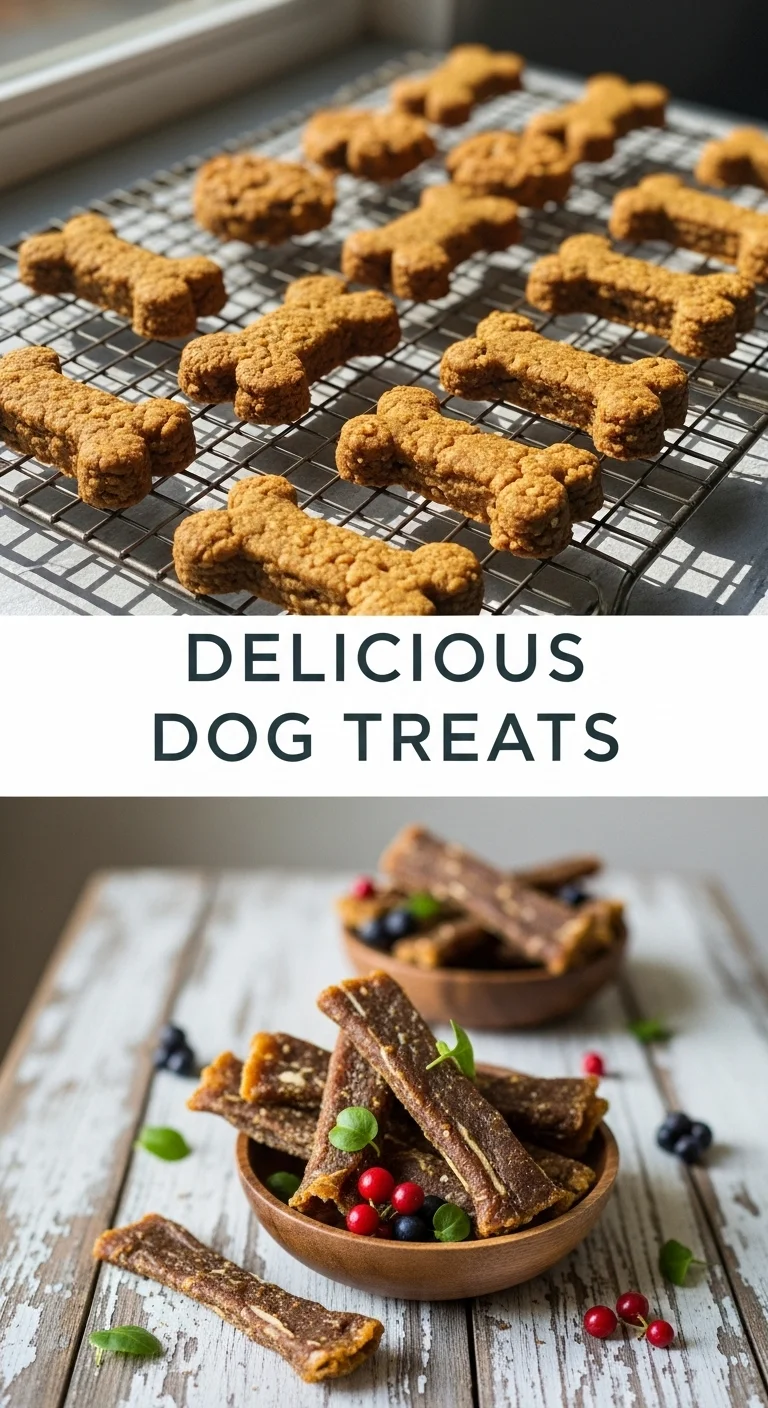 A vertical split layout containing two pictures of wholesome snacks for a homemade dog, with the text 'Delicious Dog Treats' in the center. The biscuits look crunchy and golden-brown.