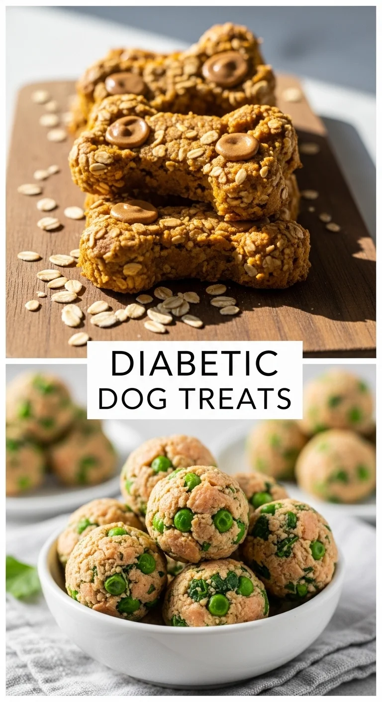 A vertical split layout containing two pictures with the main keyword 'Diabetic Dog Treats' in the center. The top image shows crunchy golden biscuits, while the bottom displays soft, nutritious bites for your homemade dog.