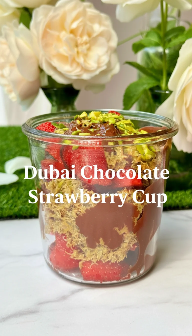 A vertical split layout containing two pictures with the main keyword 'Dubai Chocolate Strawberry Cup' in the center. The top image shows fresh strawberries being filled with crunchy pistachio cream, while the bottom image highlights the finished dessert drizzled in smooth, decadent chocolate for a special occasion.
