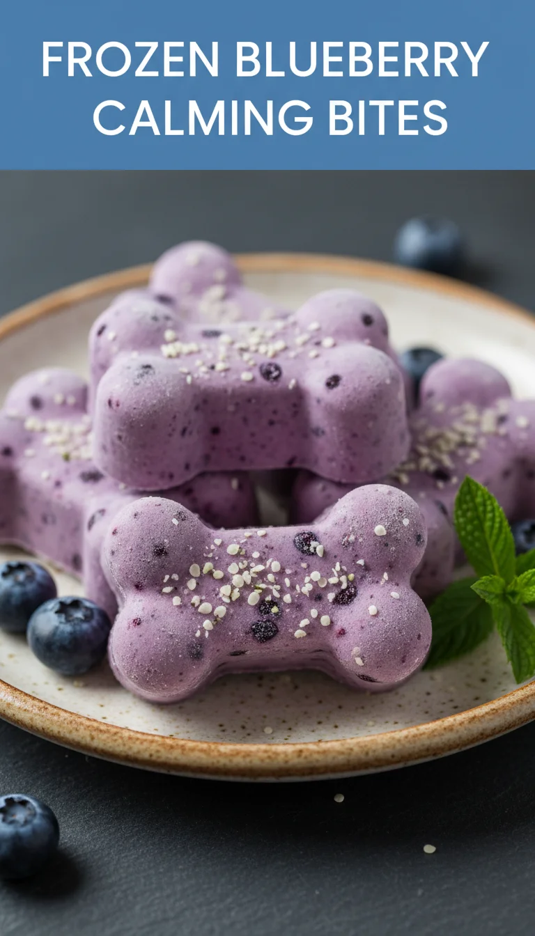 A vertical 9:16 layout with the title 'FROZEN BLUEBERRY CALMING BITES' at the top and a professional hero shot of the plated Frozen Blueberry Calming Bites at the bottom.